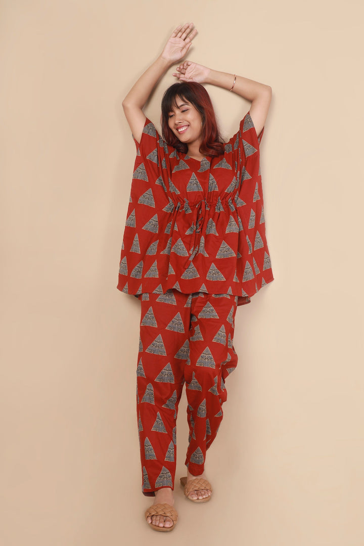 Gulmohari Geometric Print Kaftan Cotton Co-ord Set | SHOBITAM
