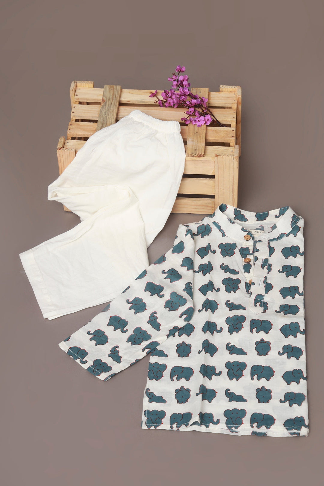 Neer Elephant Print Cotton Kurta & Pyjama Unisex Set for Boys & Girls | SHOBITAM
