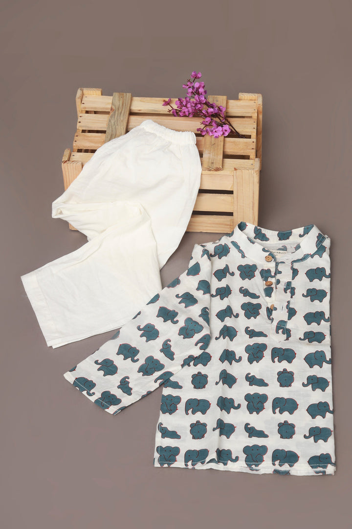Neer Elephant Print Cotton Kurta & Pyjama Unisex Set for Boys & Girls | SHOBITAM
