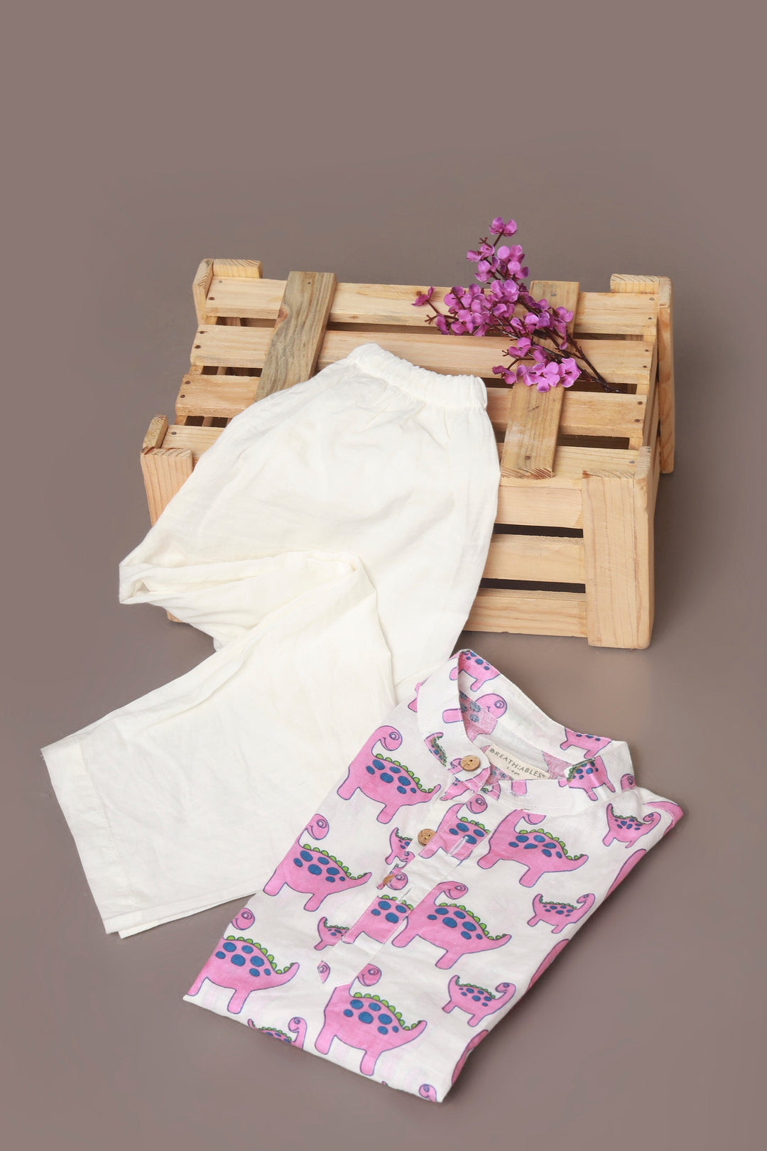 Rosy The Dinosaur Print Cotton Kurta & Pyjama Unisex Set for Kids Unisex | SHOBITAM