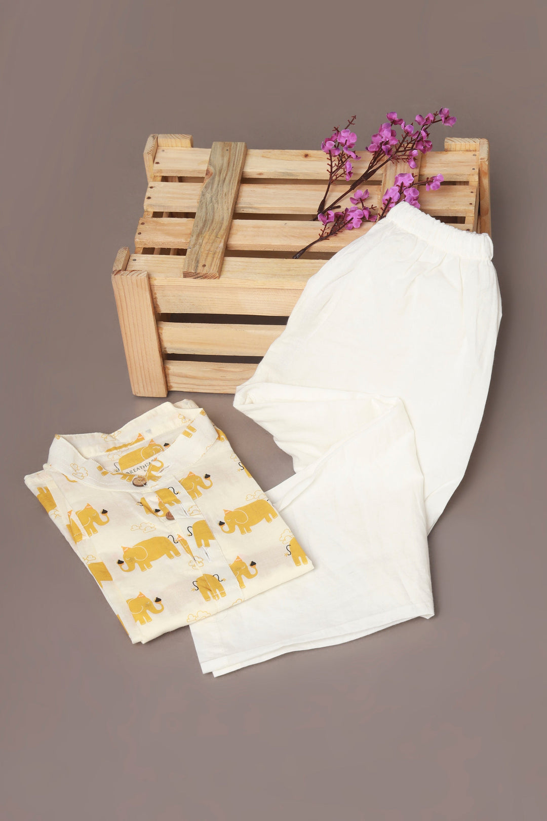 Sunshine Jumbo Elephant Print Kids Unisex Cotton Kurta & Pyjama Set | SHOBITAM