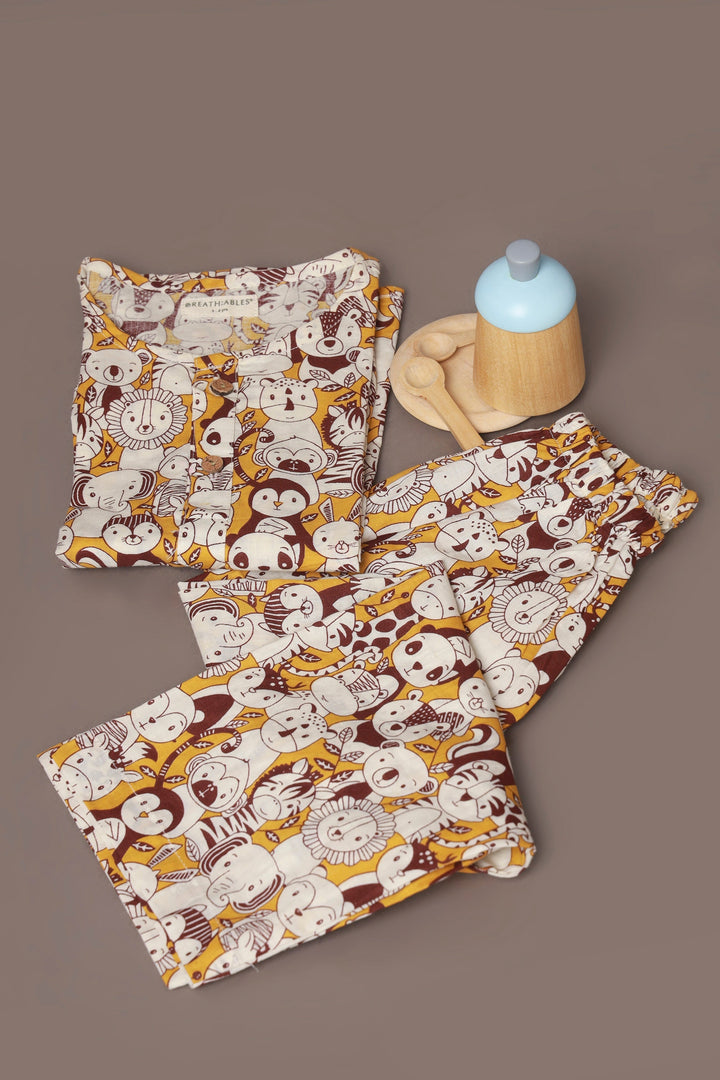 Marigold Jungle Print Cotton Kurta Pajama Nightsuit for Kids Unisex | SHOBITAM
