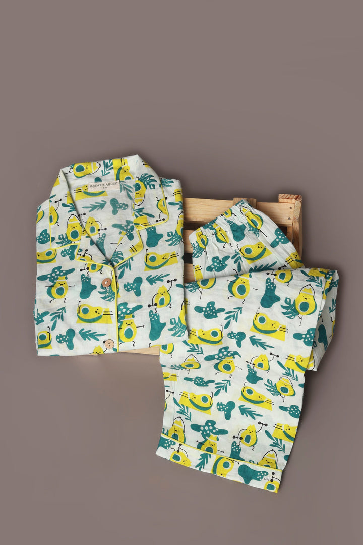 Avocado Toasty Print Cotton Shirt & Pyjama Nightsuit for Kids Unisex | SHOBITAM