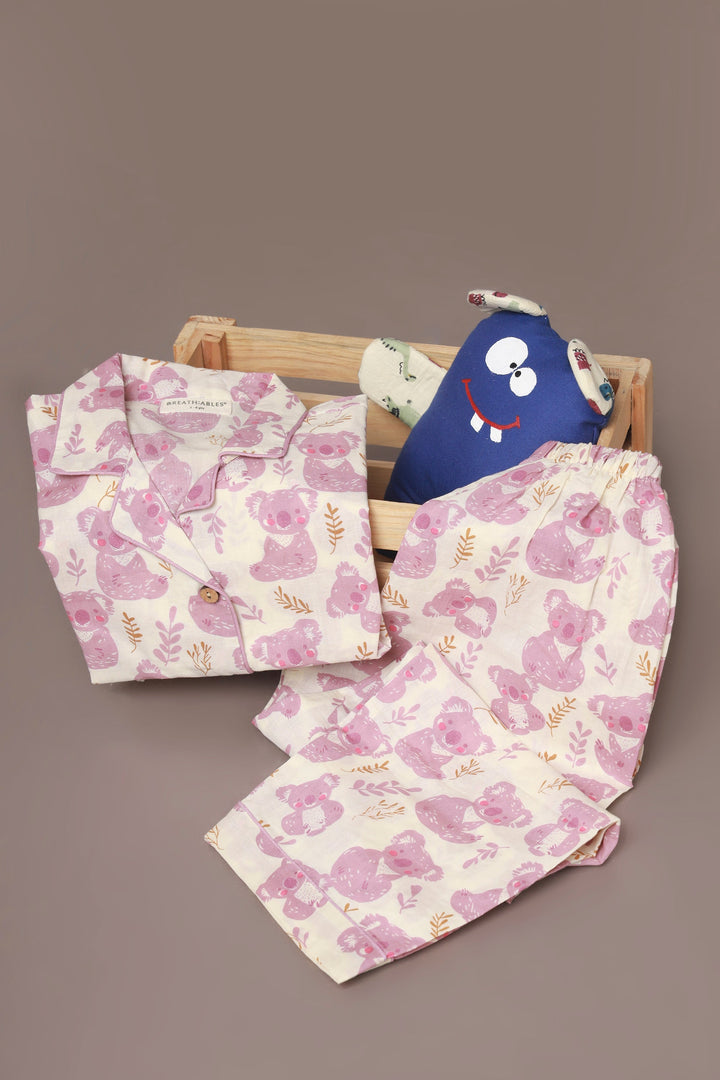 Pink Koala Print Cotton Shirt & Pyjama Nightsuit for Kids Unisex | SHOBITAM