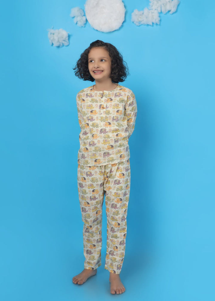 Ellie in Spring Kids Unisex Cotton Elephant Print Nightsuit | SHOBITAM