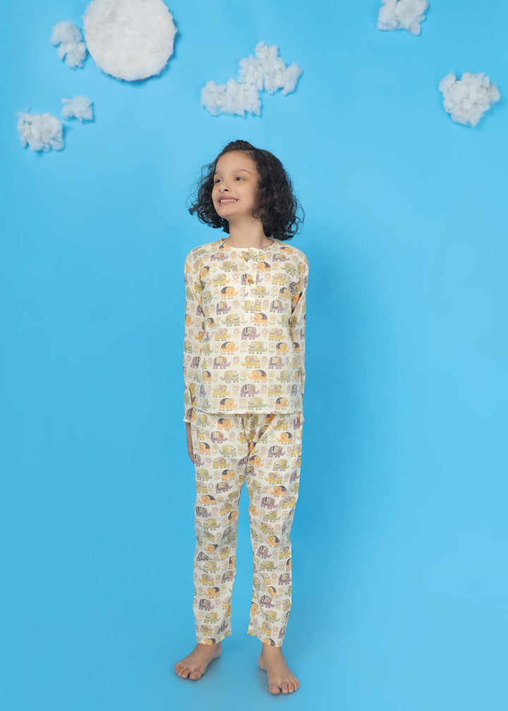 Ellie in Spring Kids Unisex Cotton Elephant Print Nightsuit | SHOBITAM