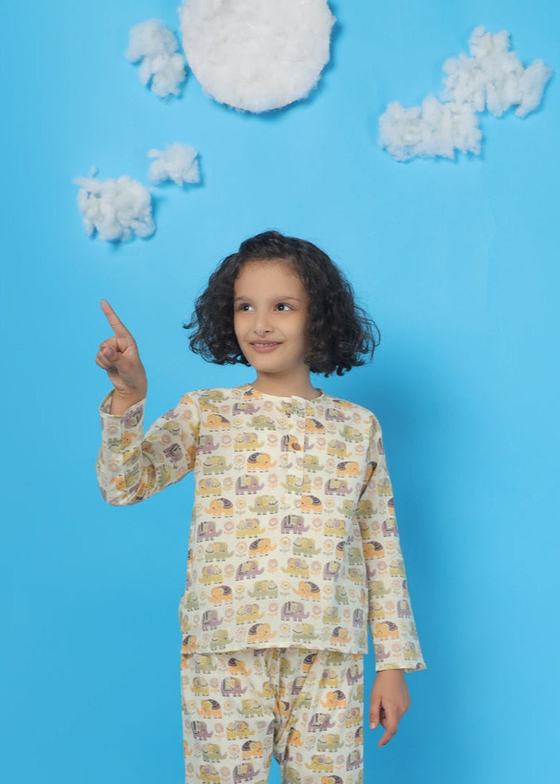 Ellie in Spring Kids Unisex Cotton Elephant Print Nightsuit | SHOBITAM