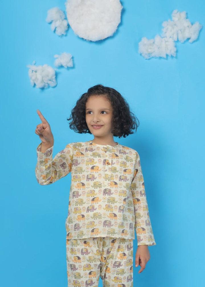 Ellie in Spring Kids Unisex Cotton Elephant Print Nightsuit | SHOBITAM