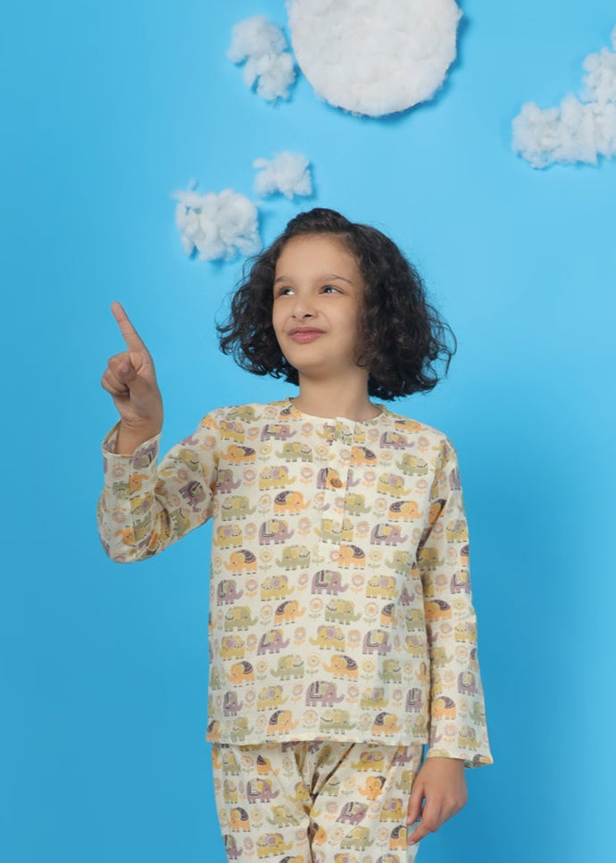 Ellie in Spring Kids Unisex Cotton Elephant Print Nightsuit | SHOBITAM