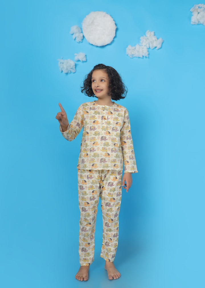 Ellie in Spring Kids Unisex Cotton Elephant Print Nightsuit | SHOBITAM