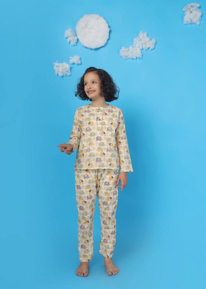 Ellie in Spring Kids Unisex Cotton Elephant Print Nightsuit | SHOBITAM
