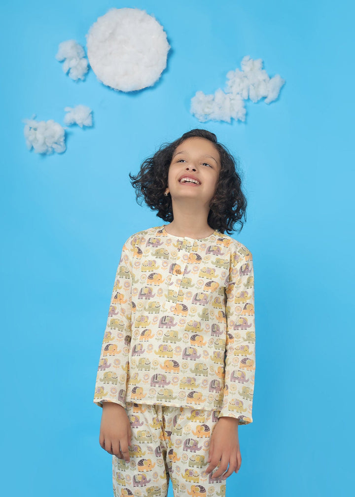 Ellie in Spring Kids Unisex Cotton Elephant Print Nightsuit | SHOBITAM