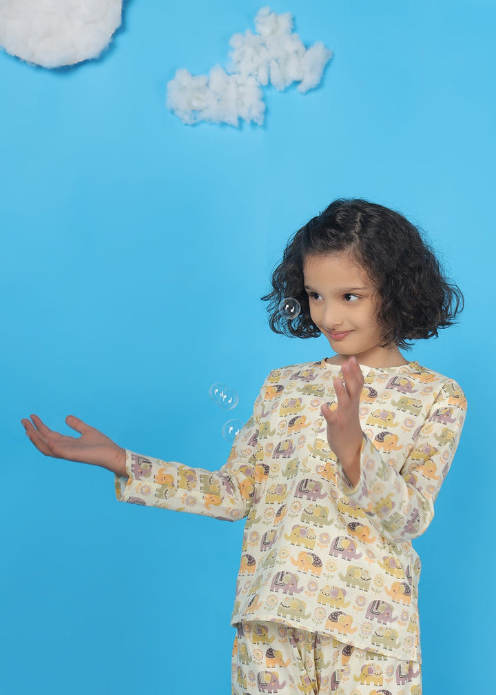 Ellie in Spring Kids Unisex Cotton Elephant Print Nightsuit | SHOBITAM