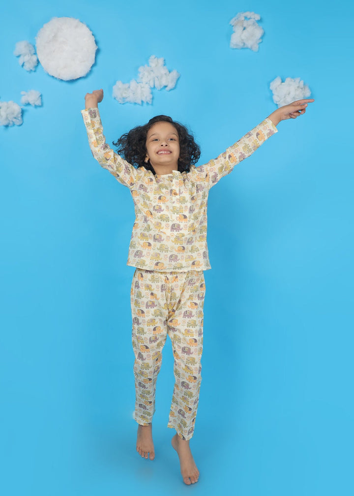 Ellie in Spring Kids Unisex Cotton Elephant Print Nightsuit | SHOBITAM