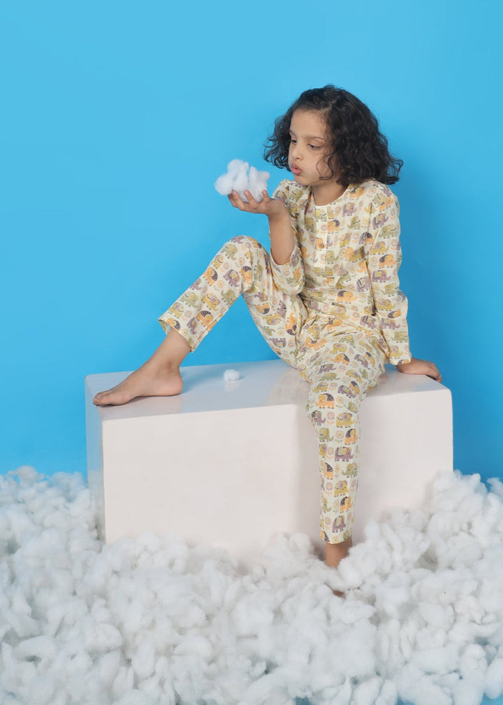 Ellie in Spring Kids Unisex Cotton Elephant Print Nightsuit | SHOBITAM