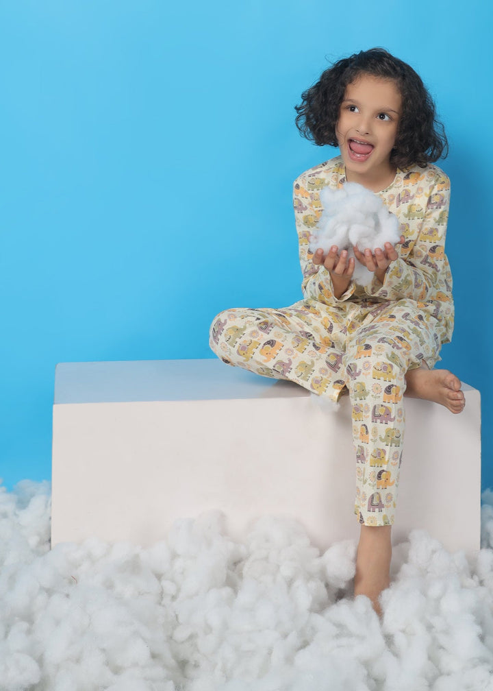 Ellie in Spring Kids Unisex Cotton Elephant Print Nightsuit | SHOBITAM