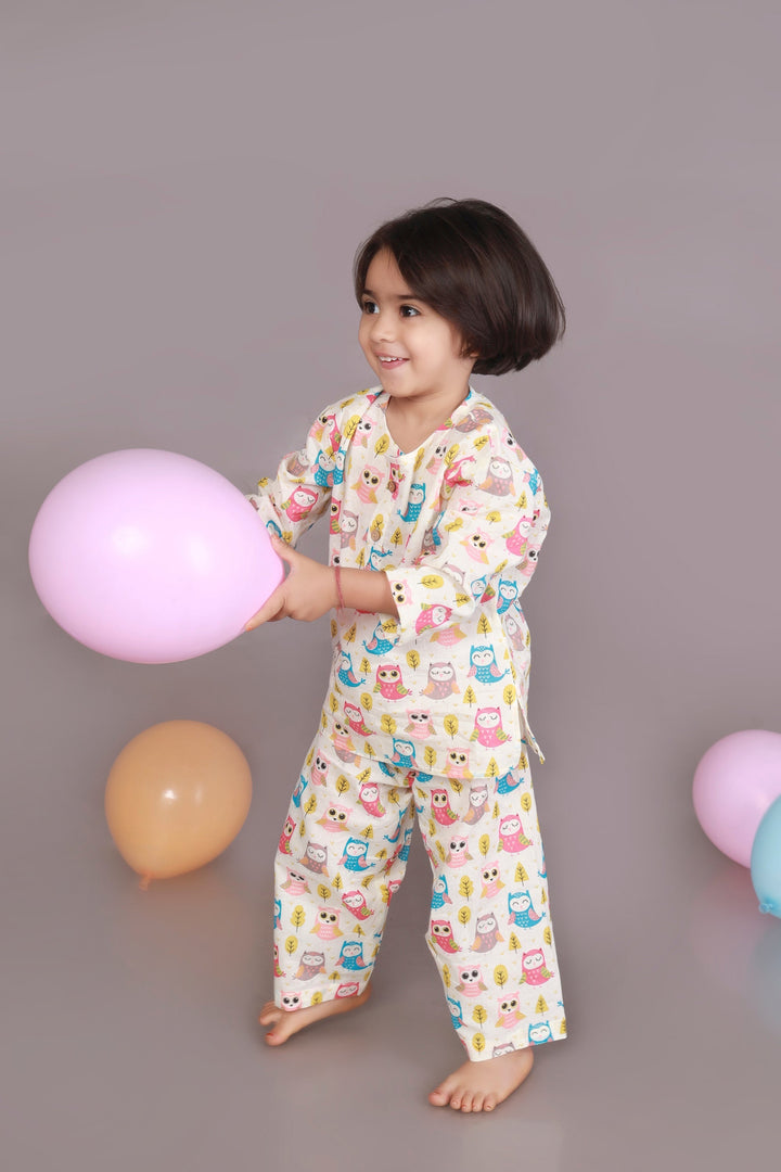 Sunshine Owls Cotton Nightsuit for Kids Unisex | SHOBITAM