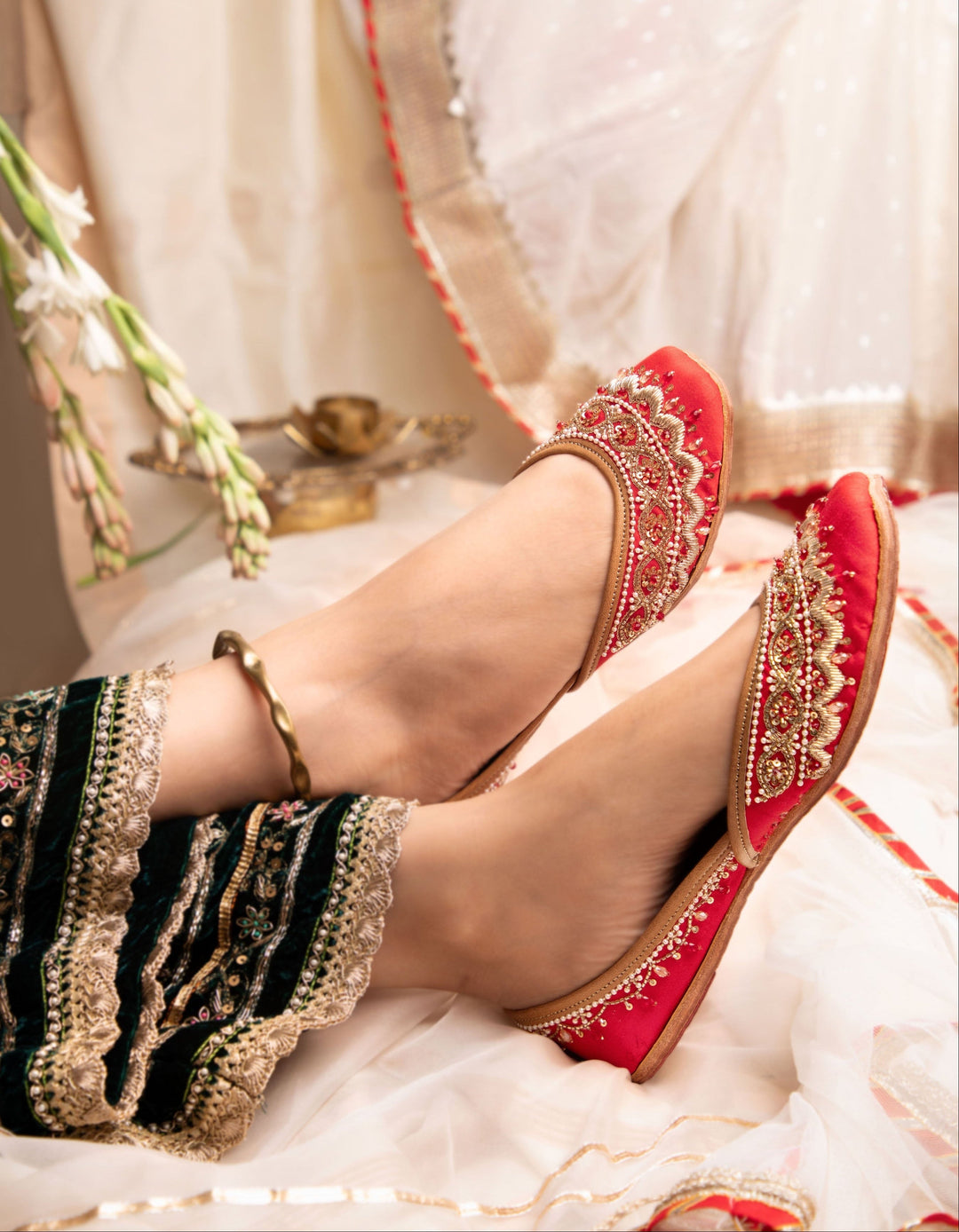 GULAAL Red Juttis with Pearl and Embroidery