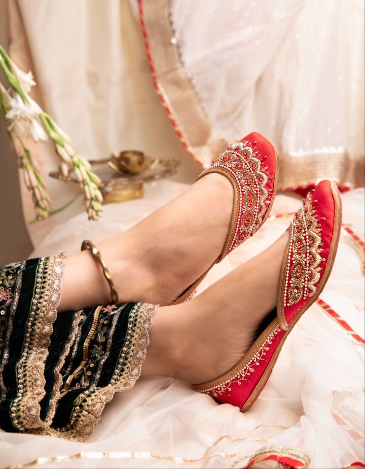 GULAAL Red Juttis with Pearl and Embroidery