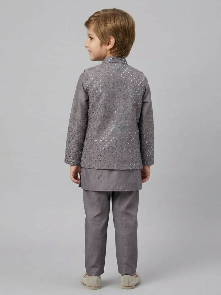 Boys Embroidered Grey Kurta Pajama Set with Ethnic Jacket | SHOBITAM