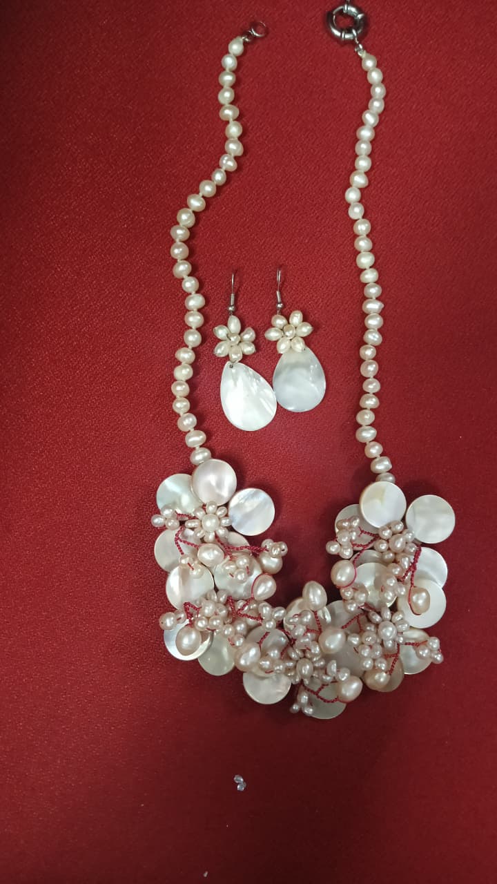 Mother of Pearl Freshwater Pearl Statement Necklace Set | SHOBITAM