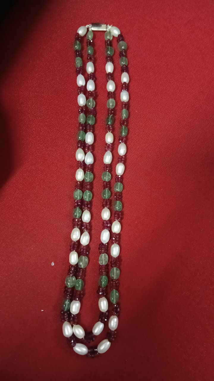 Ruby Emerald Freshwater Pearl Double Layer Necklace | SHOBITAM
