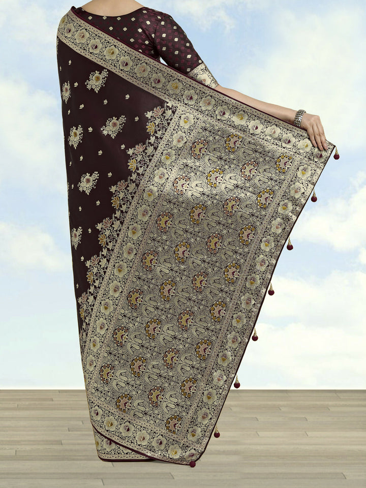 Dark Maroon Zari Woven Banarasi Satin Silk Saree | SHOBITAM