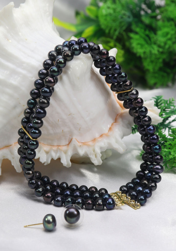 Midnight Elegance: Blue Black Three Strand Pearl Choker and Single Pearl Stud Earrings Set