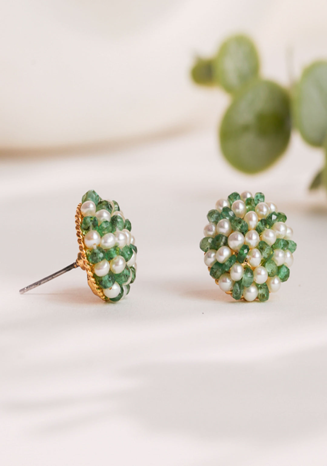 Cluster Earings Emerald Green and White Pearl Stud Earrings