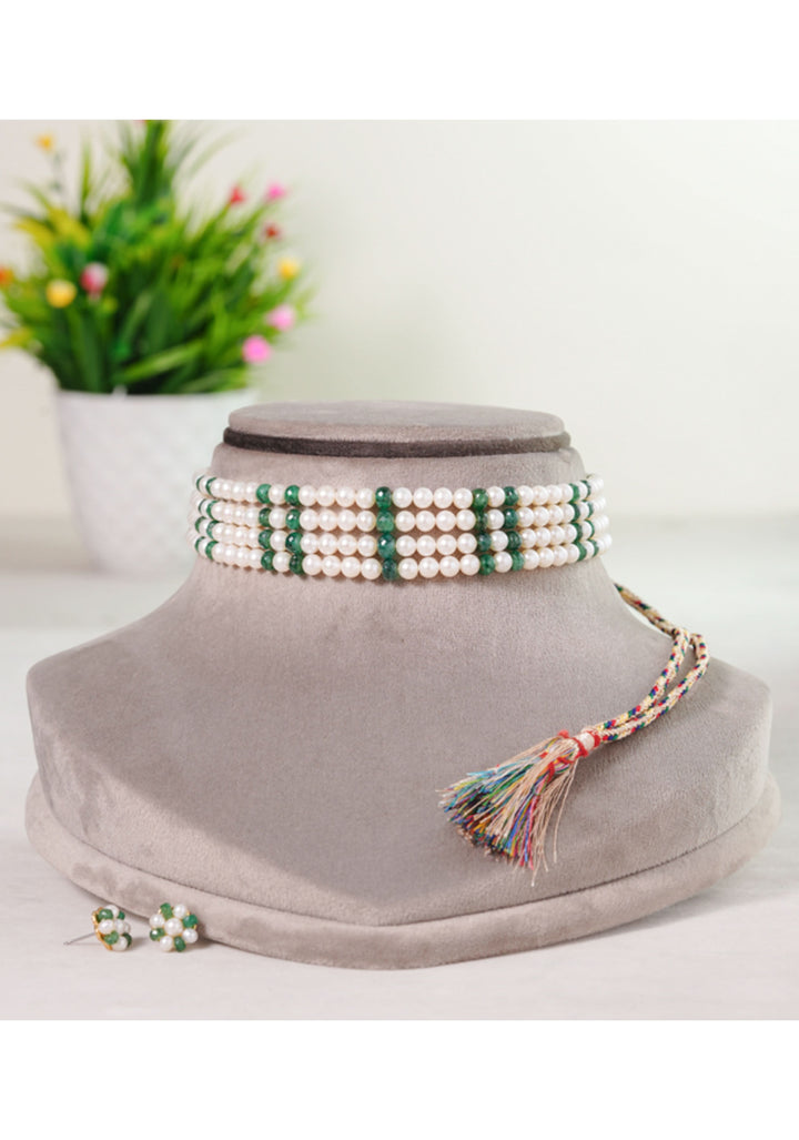 Enchanting Elegance: Pearls and faceted Emerald Four Strand Choker and Stud Set