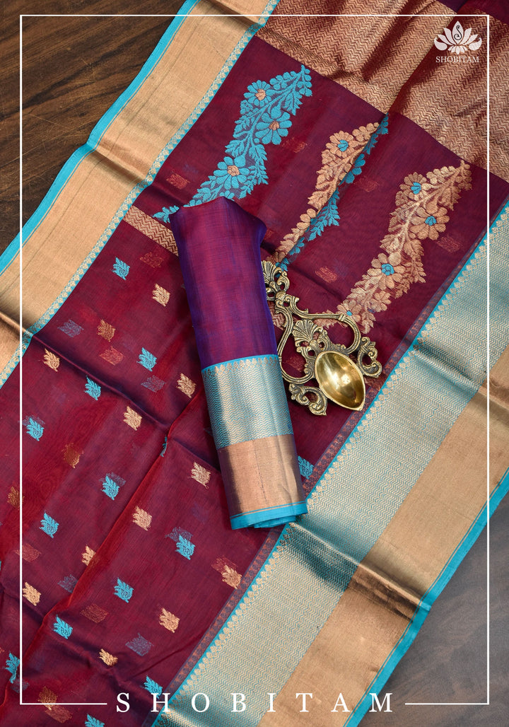 Unique Chanderi Silk saree in Plum with Stacked Sona Rupa Zari Borders | Sarees By shobitam