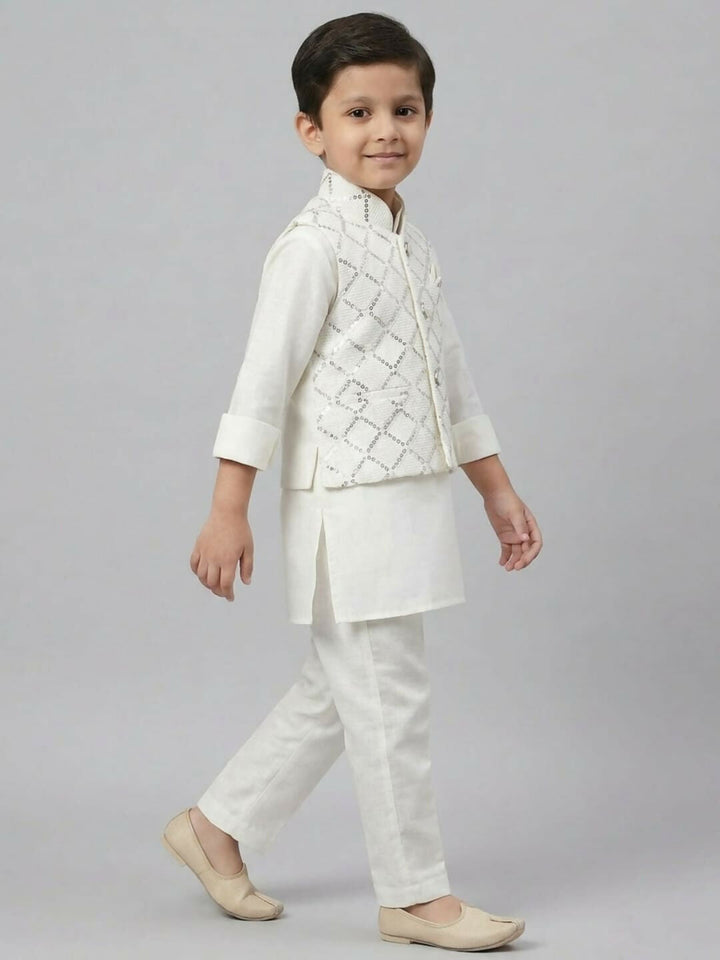 Boys White Kurta Pajama Set with Embroidered Nehru Jacket | SHOBITAM