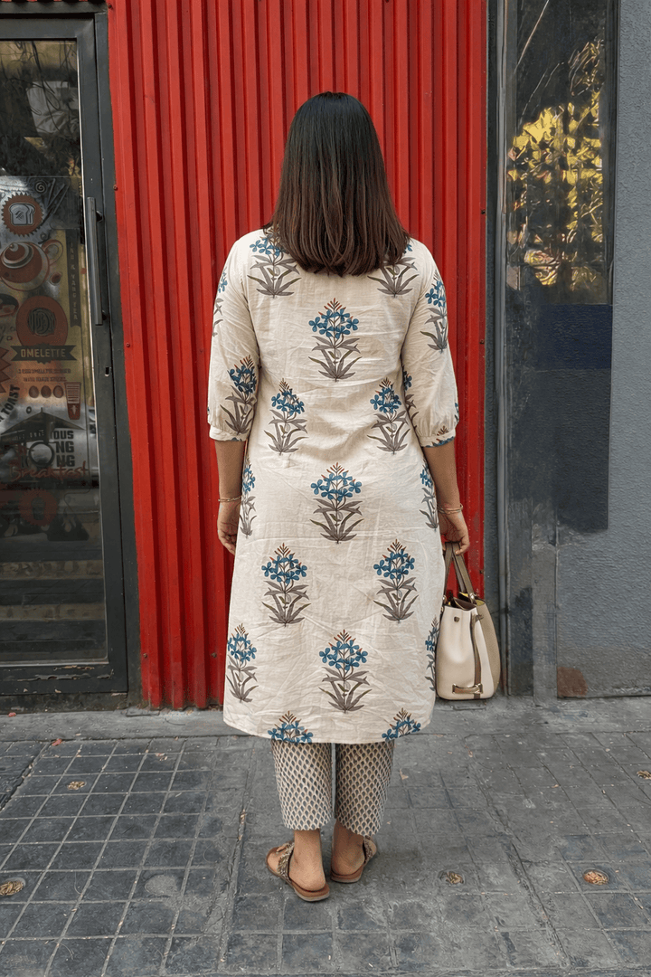 Flora Hand block Print White Cotton Kurta Set Of 2