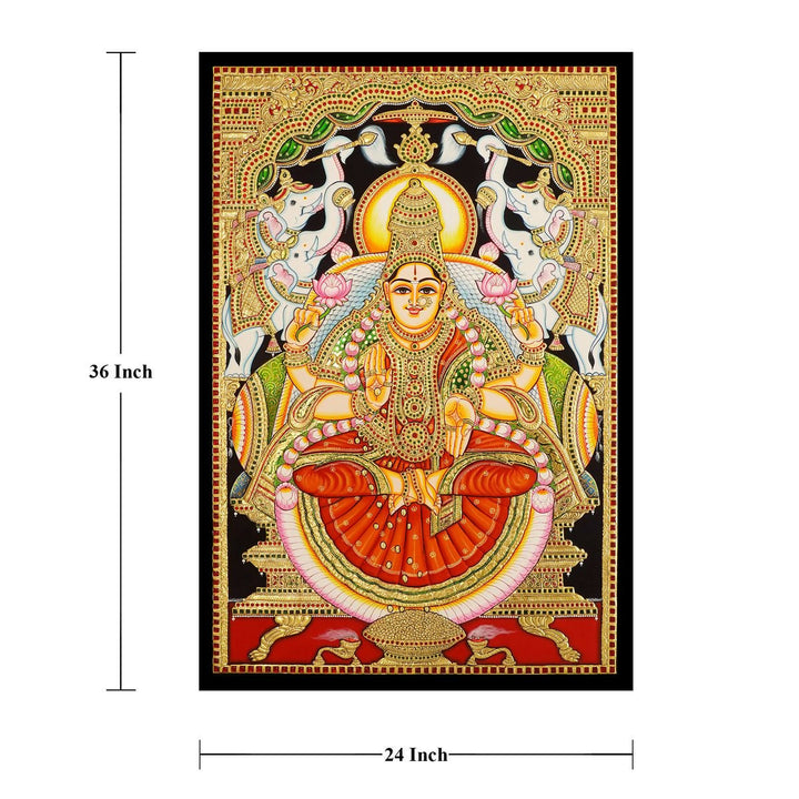 24*36 Authentic TANJORE PAINTING GAJA LAKSHMI With 22 Ct gold Foil and Jaipur Gemstones,Unframed | SHOBITAM