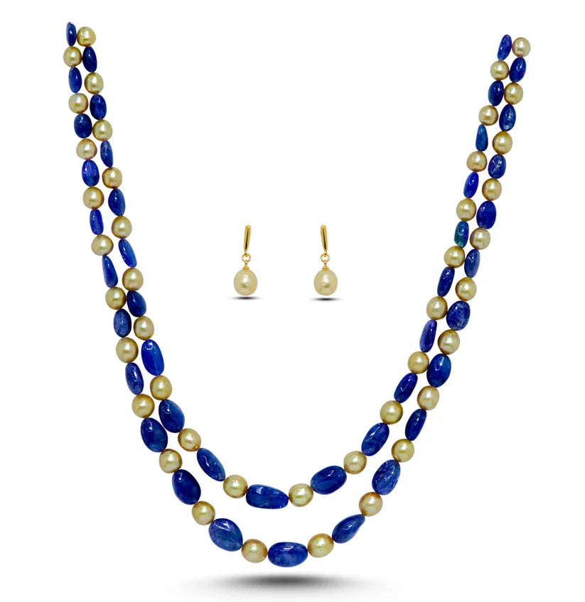 Natural Tanzanite Beads and 8.0-9.0mm Golden South Sea Pearls Necklace Set - A Quality | SHOBITAM