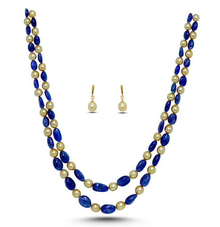 Natural Tanzanite Beads and 8.0-9.0mm Golden South Sea Pearls Necklace Set - A Quality | SHOBITAM