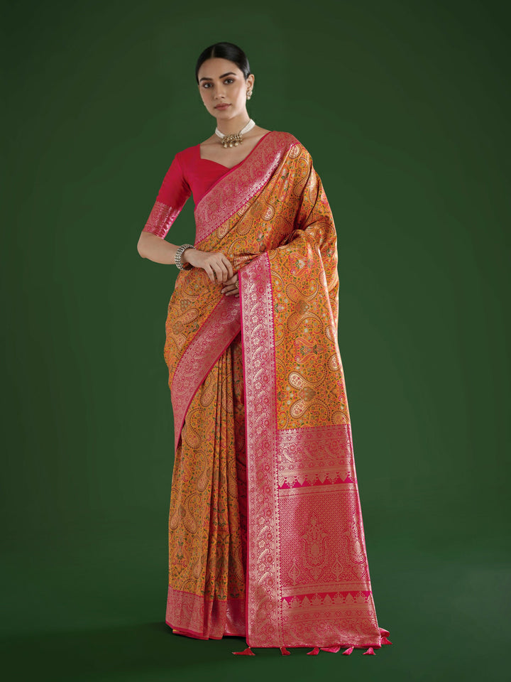 Mustard Banarasi Semi Silk Saree With Traditional Paisley Weaves | SHOBITAM