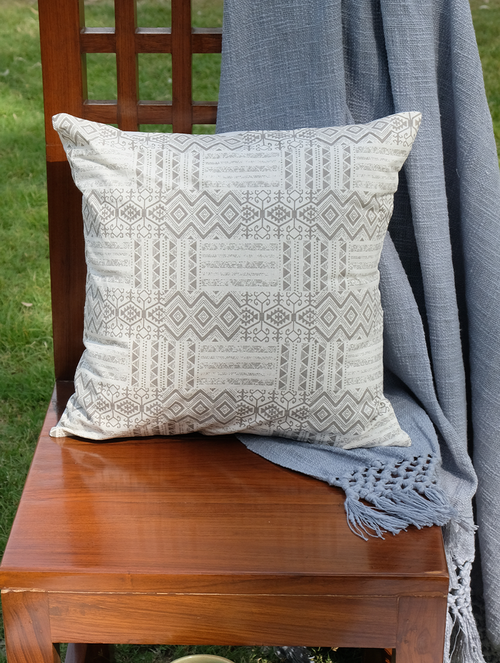 Ivory and Gray Distressed Geometric Prinfed Cotton Cushion Cover 16"X16", Single piece