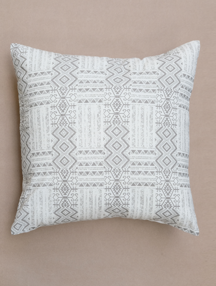 Ivory and Gray Distressed Geometric Prinfed Cotton Cushion Cover 16"X16", Single piece