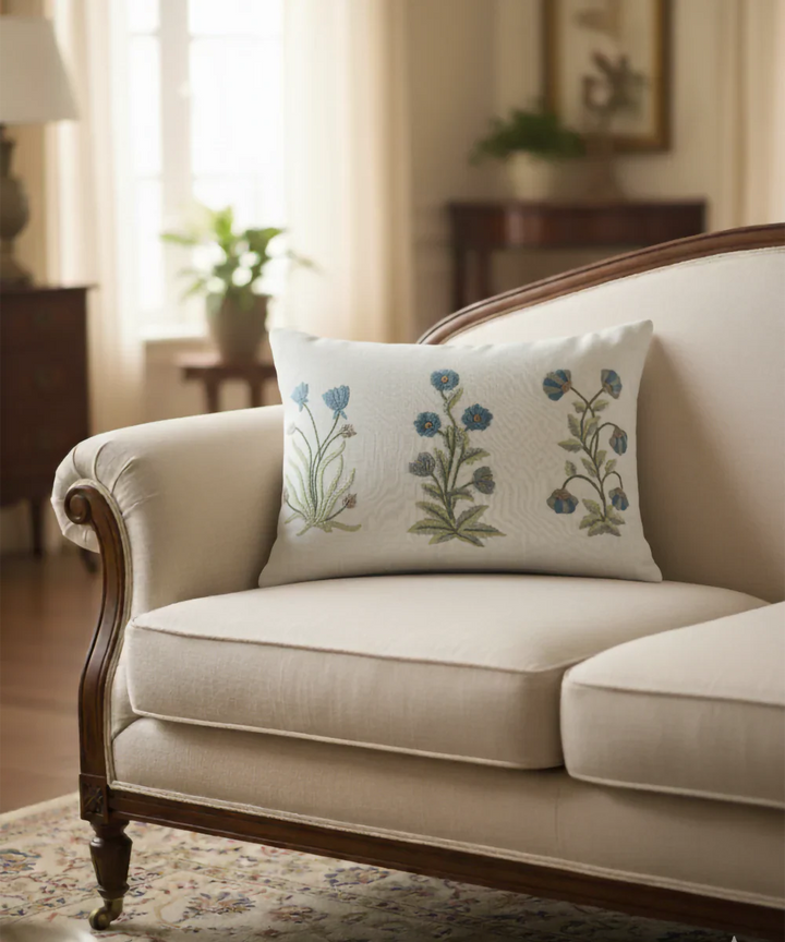 Off White & Blue Floral Hand Embroidered Cushion Cover (12x18 Inches) | SHOBITAM