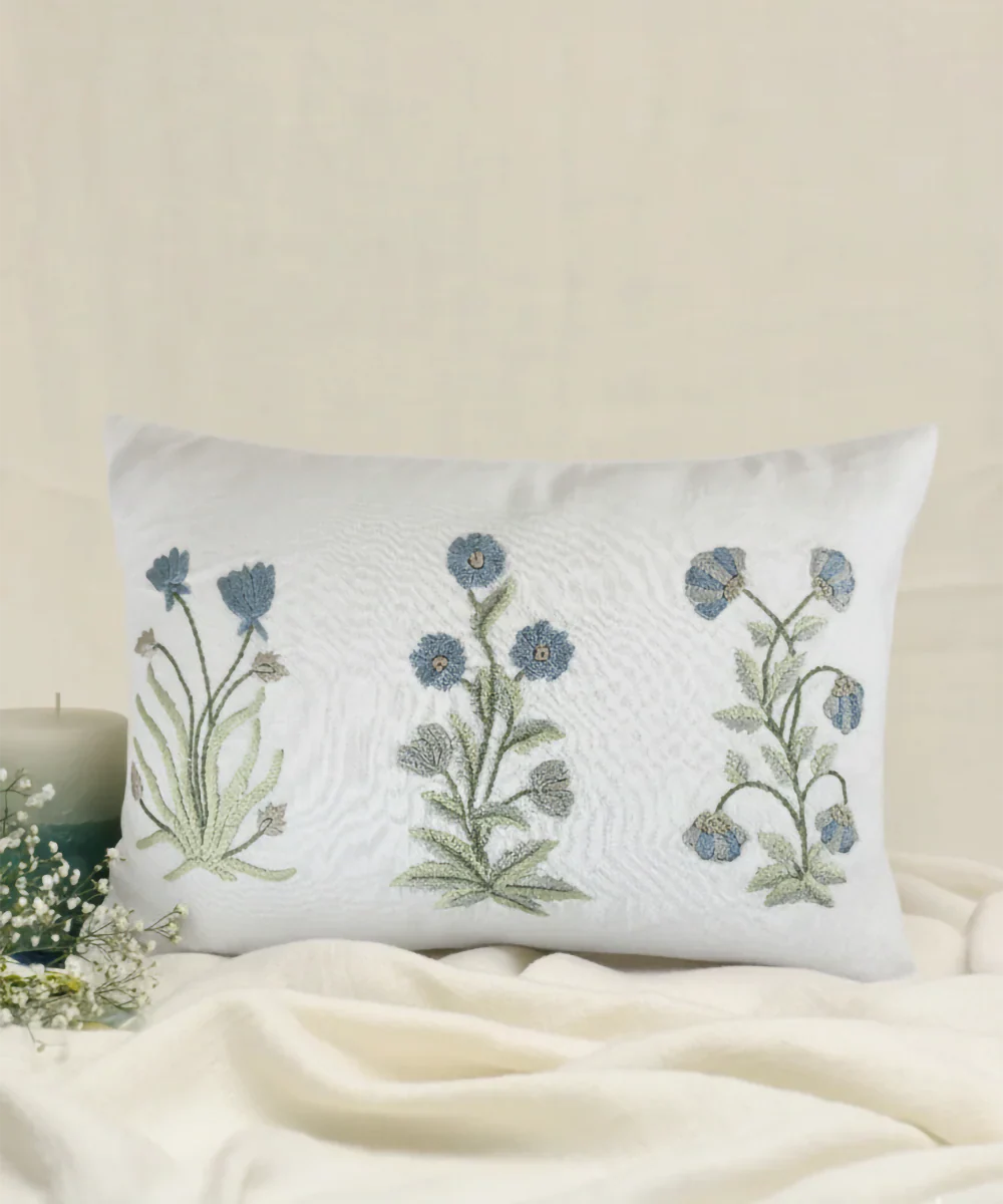 Off White & Blue Floral Hand Embroidered Cushion Cover (12x18 Inches) | SHOBITAM