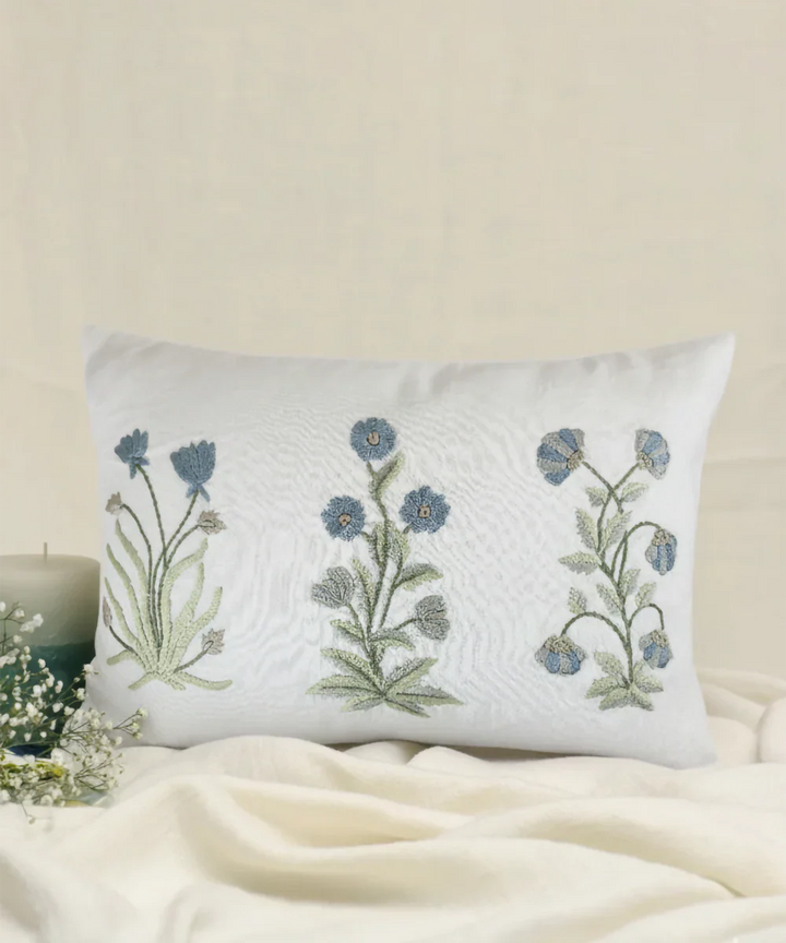 Off White & Blue Floral Hand Embroidered Cushion Cover (12x18 Inches) | SHOBITAM