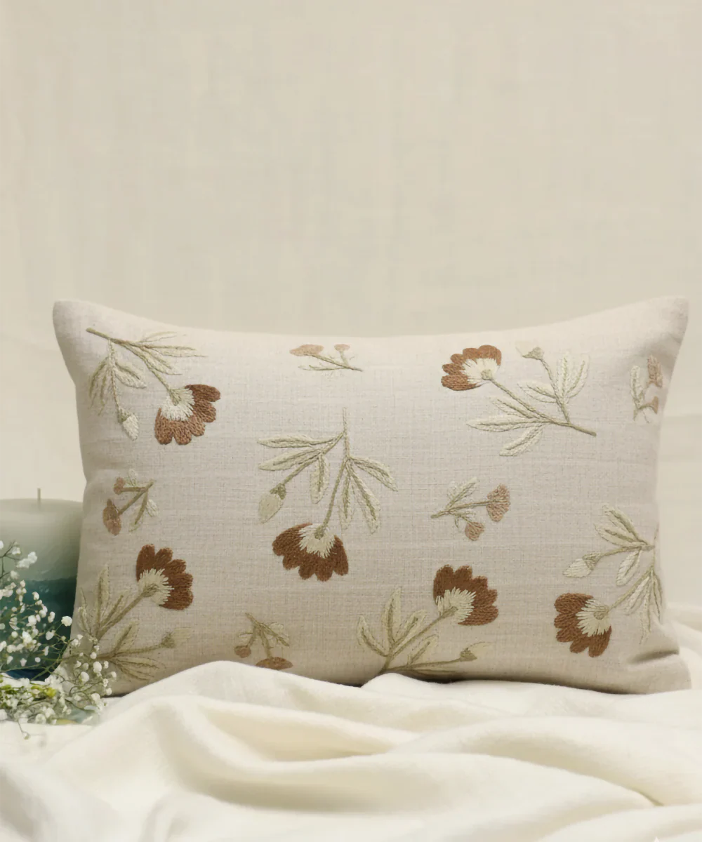 Light Beige & Brown Floral Whisper Hand Embroidered Cushion Cover (12x18 Inches)