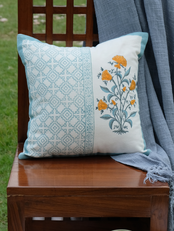 Jaipur Reverie : Floral Hand Block Printed Cotton Cushion Cover 16" x 16", Single piece