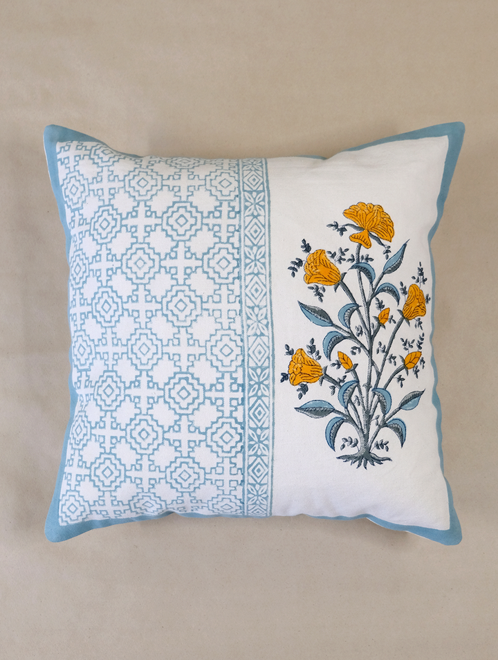 Jaipur Reverie : Floral Hand Block Printed Cotton Cushion Cover 16" x 16", Single piece