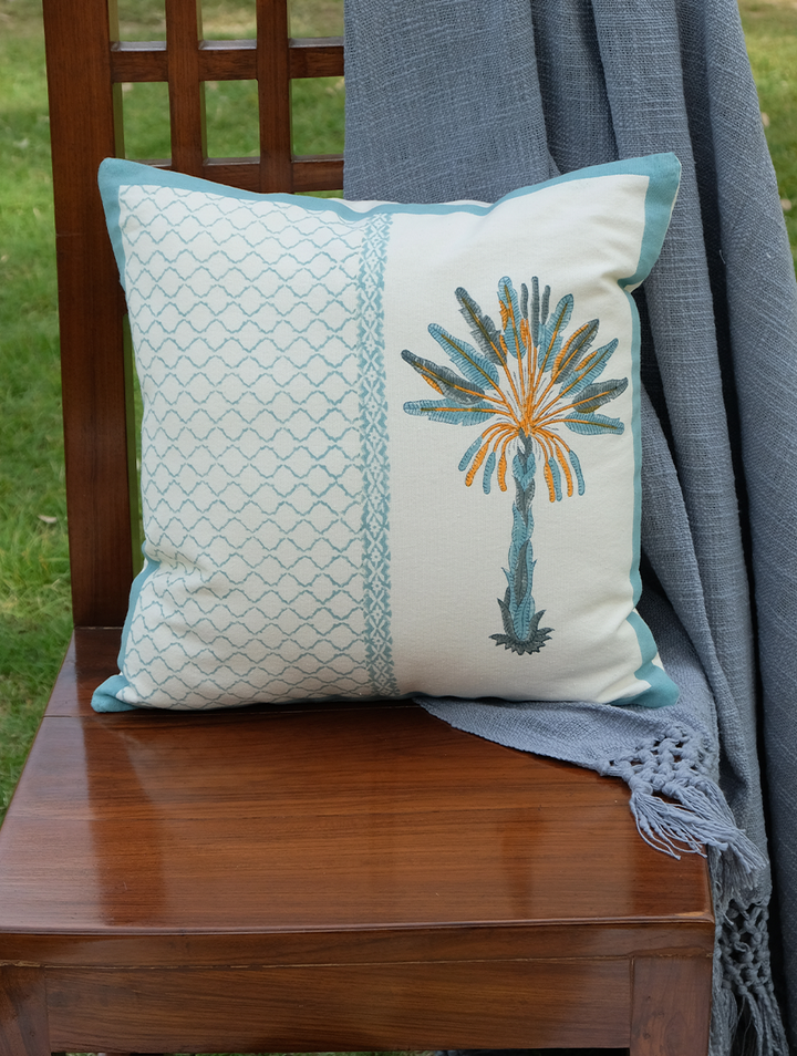 Cream & Blue Palm Hand Block Printed Cotton Cushion Cover 16" x 16", single piece