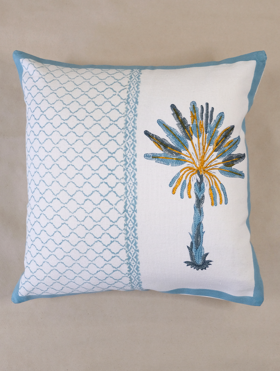 Cream & Blue Palm Hand Block Printed Cotton Cushion Cover 16" x 16", single piece