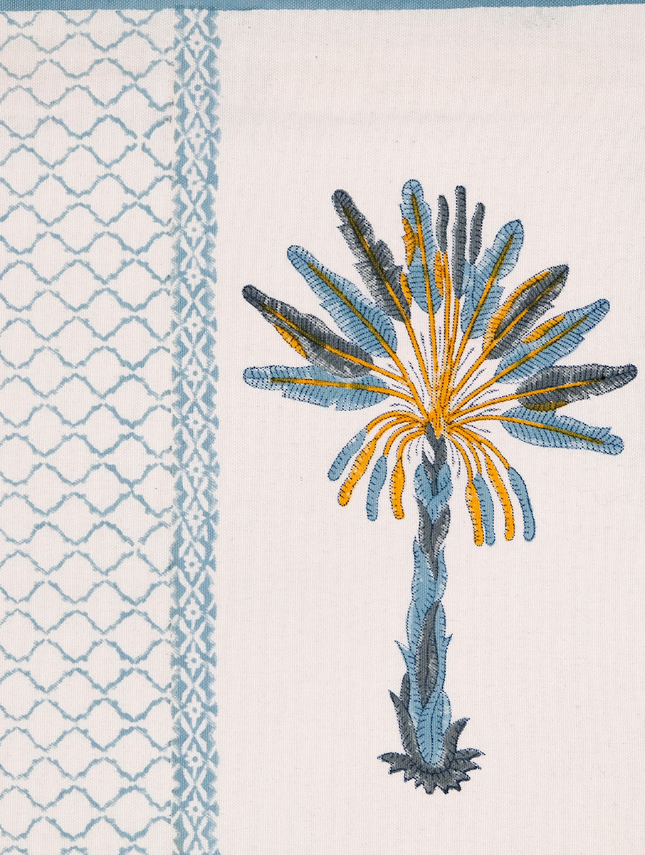 Cream & Blue Palm Hand Block Printed Cotton Cushion Cover 16" x 16", single piece
