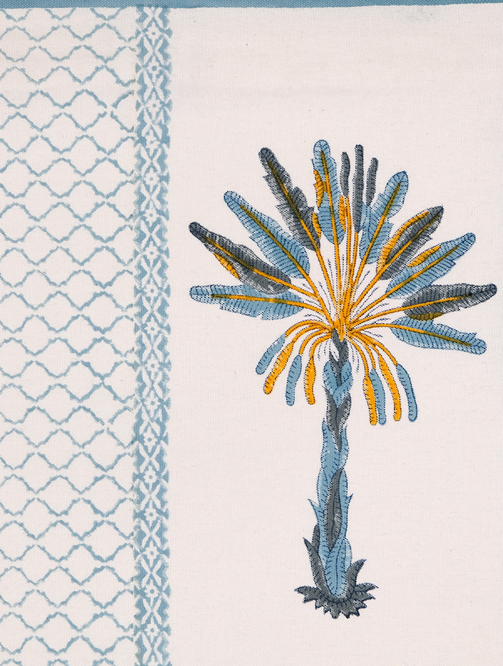 Cream & Blue Palm Hand Block Printed Cotton Cushion Cover 16" x 16", single piece