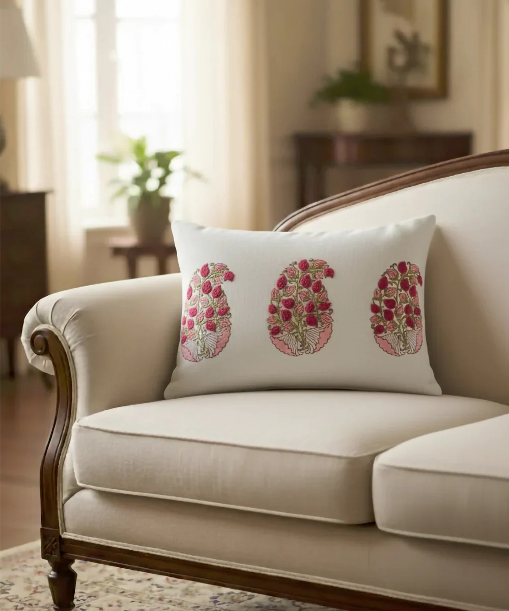 Off White & Pink Block Printed with Hand Embroidery Pure Linen Cushion Cover (12x18 In) | SHOBITAM